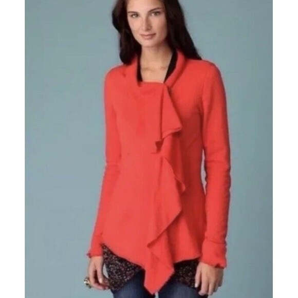 Free People Ebb & Flow Cardigan Womens Small Orange Asymmetrical Zip Ruffle - Picture 1 of 13